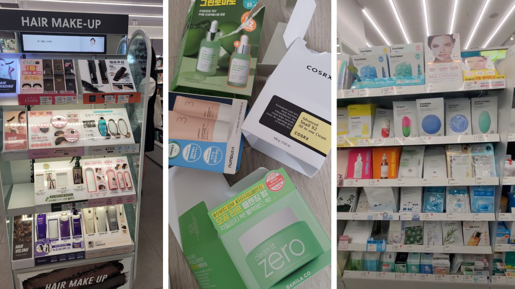 various examples of kbeauty souvenirs from korea, e.g. make-up, skincare, sheet masks; souvenirs aus südkorea