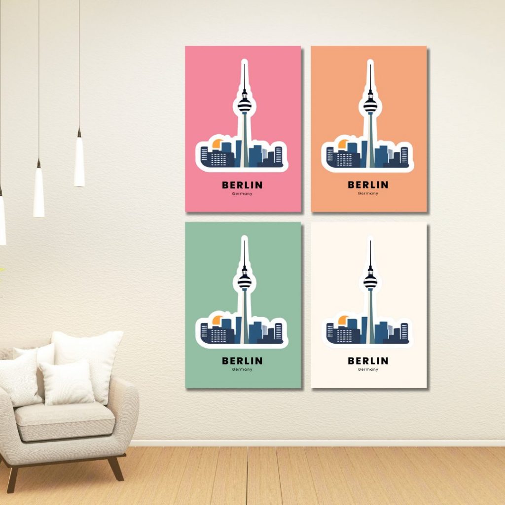 collage of four posters featuring an illustration of the berlin fernsehturm